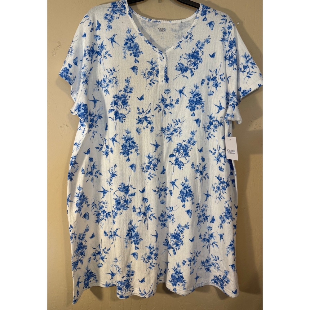 Croft & Barrow Sleep Shirt Women 3X White Blue Floral Butterflies SleepShirt NEW